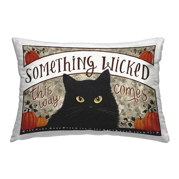 Something Wicked Halloween Cat Black Rectangular Outdoor Throw Pillow