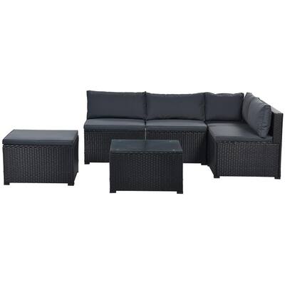 Graceful 6-Piece PE Rattan Wicker Garden Sectional Sofa Chair Set Living Room Furniture Set with Grey Cushions