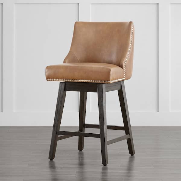 Martin 26 in. Cognac Brown Solid Wood Frame Swivel Counter Height Bar Stool with Back and Faux Leather Seat (Set of 2)