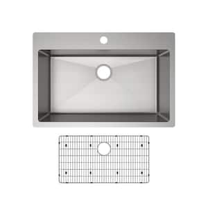 Crosstown Stainless Steel 33 in. 1-Hole Single Bowl Dual Mount Kitchen Sink with Bottom Grid