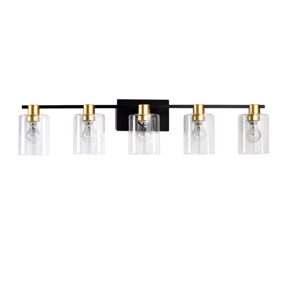 38 in. 5 Light Matte Black Wood Vanity Light with Clear Glass Shade Bathroom Wall Light Fixture Over Mirror price history on PriceWatchPro