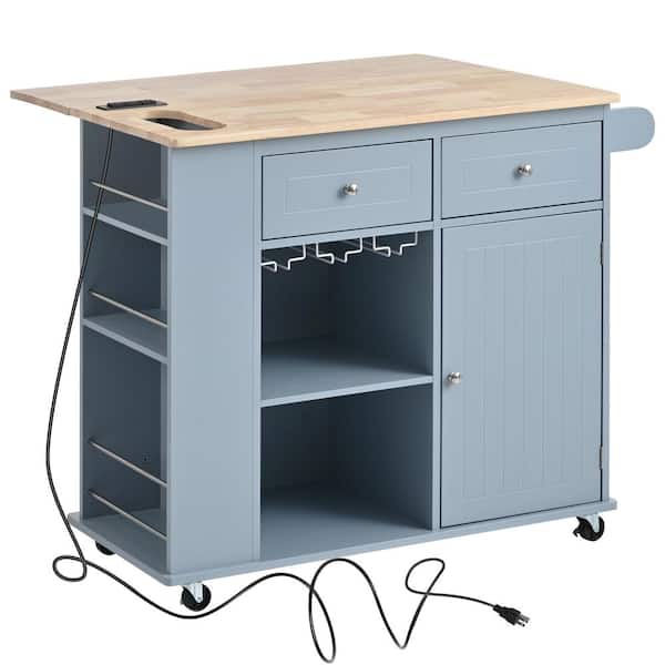 Tatahance Blue Wood 39.8 in. Kitchen Island with Power Outlet, Drop Leaf, Adjustable Storage and Wine Rack