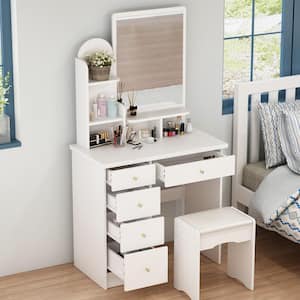 5-Drawers White Makeup Vanity Table Wooden Dressing Desk With Mirror and 3-Tier Storage Shelves 55.1 x 31.5 x 15.7 In.
