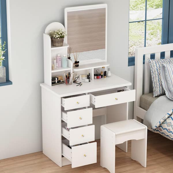 FUFU&GAGA 5-Drawers White Makeup Vanity Table Wooden Dressing Desk With Mirror and 3-Tier Storage Shelves 55.1 x 31.5 x 15.7 In.