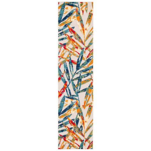 Cabana Ivory/Navy 2 ft. x 11 ft. Palm Leaf Indoor/Outdoor Runner Rug