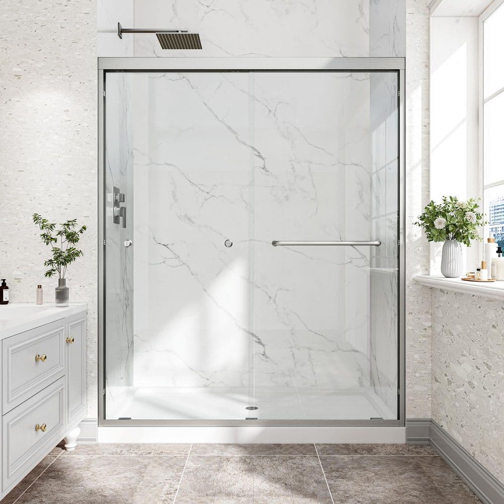 60 in. W x 72 in. H Double Sliding Aluminium Framed Shower Door in Brushed Nickel with 1/4 in. Tempered Glass Reversible price history on PriceWatchPro