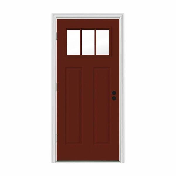 JELD-WEN 32 in. x 80 in. 3 Lite Craftsman Mesa Red Painted Steel Prehung Right-Hand Outswing Front Door w/Brickmould