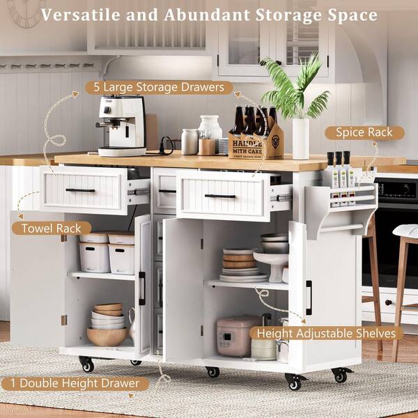 White Wood 56.5 in. Large Kitchen Island, Pantry Organizer on White Wood 56.5 in. Large Kitchen Island, Pantry Organizer on