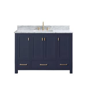 Modero 49 in. W x 22 in. D x 35 in. H Bath Vanity in Navy Blue with Marble Vanity Top in White and White Basin