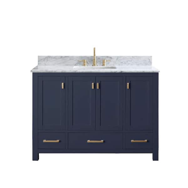Avanity Modero 49 in. Single Sink Navy Blue Bath Vanity with Carrara White Marble Top