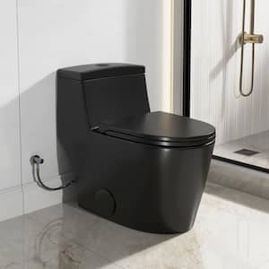 1-Piece 1.1/1.6 GPF Dual Flush Elongated WaterSense Toilet in Black with Map Flush 1000g, Soft Closed Seat Included