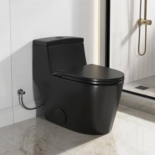 Hanikes 1-Piece 1.1/1.6 GPF Dual Flush Elongated WaterSense Toilet in Black with Map Flush 1000g, Soft Closed Seat Included