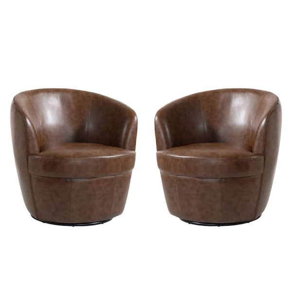 Minimalistic Coffee PU Leather Swivel Barrel Arm Chair with Metal Base (Set of 2)
