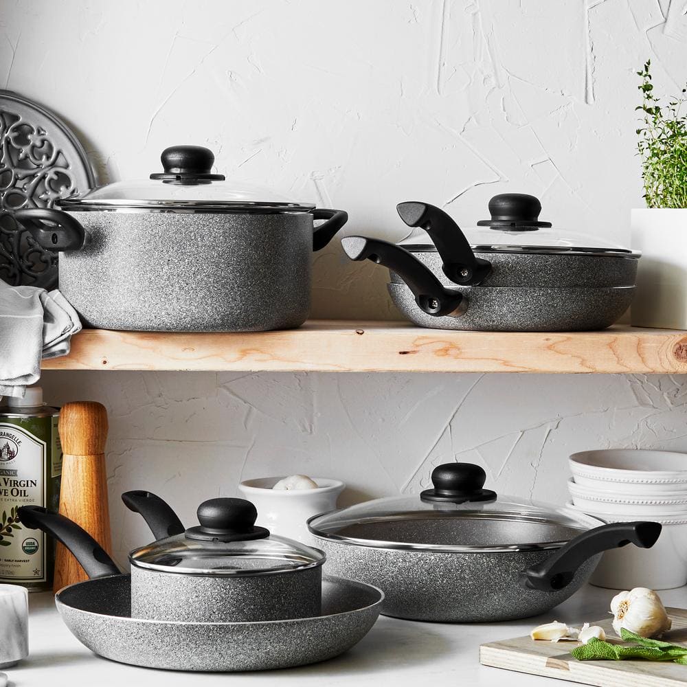 10-Piece Gray Aluminum Nonstick Cookware Set with Glass Lids