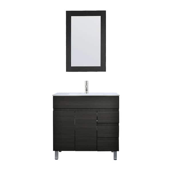 JimsMaison 32 in. W x 18 in. D x 32 in. H Single Sink Bath Vanity in Black with White Ceramic Top With Ceramic Basin and Mirror