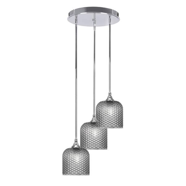 Unbranded Villa 60-Watt 15.75 in. 3 Light Chrome Stem Pendant Light with 7 in. Smoke Textured Glass Shade, No bulbs included