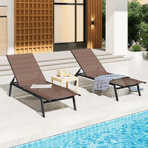 Outdoor Patio Adjustable Chaise Lounge Chairs with Wheels and Adjustable 5-Position Recliner in Brown, 2 PCS