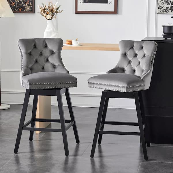 Hochwertiges 29 in. Gray Velvet Upholstered Solid Wood Frame Bar Height Swivel Bar Stool with Back (Set of 2)
