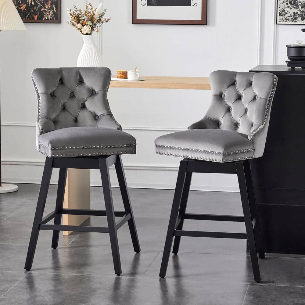 Hochwertiges 29 in. Grey Velvet Upholstered Solid Wood Legs Bar Height ...