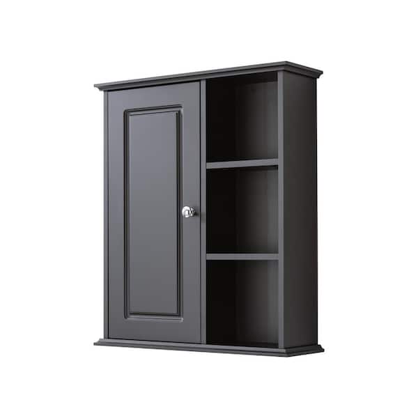 ANGELES HOME 23.6 in. W x 7 in. D x 27.6 in. H Bathroom Storage Wall Cabinet in Black with 3-Tier Open Shelves