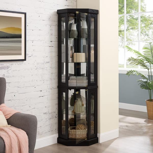 Black 69.84 in. H Lighted Corner Curio Cabinet for Collectibles and Wine