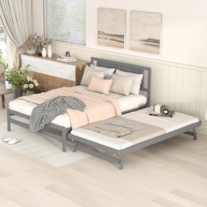 Modern Gray Wood Frame Full Size Platform Bed with Adjustable Twin Size Trundle