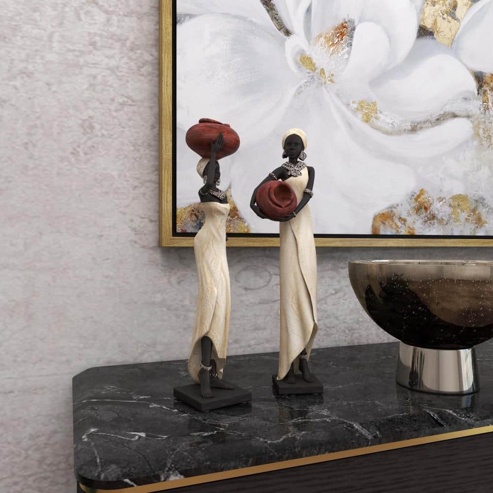 16" Cream Resin African Woman Figurines with Red Water Pots, Set of 2