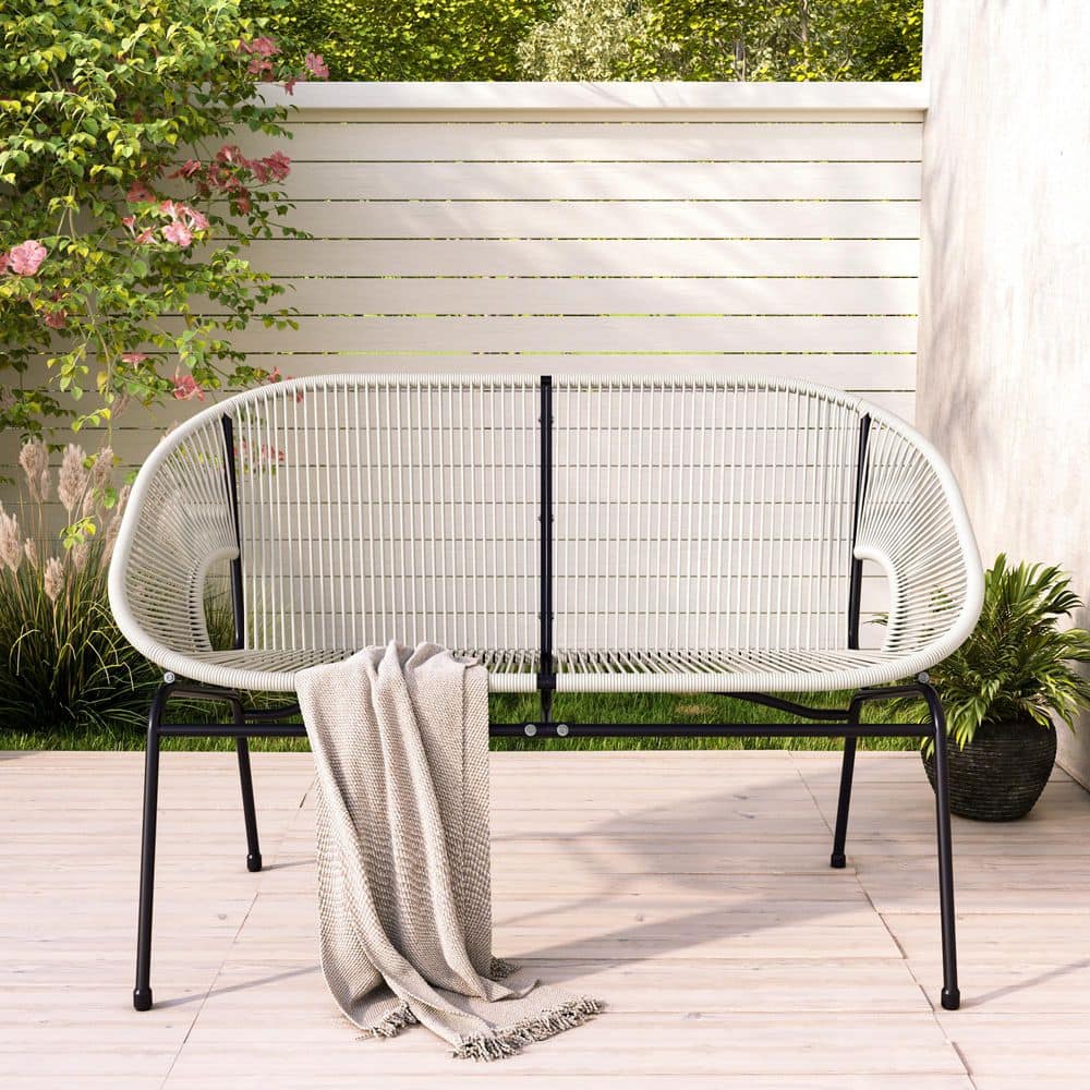 White Wicker and Metal Two-Seater Outdoor Loveseat