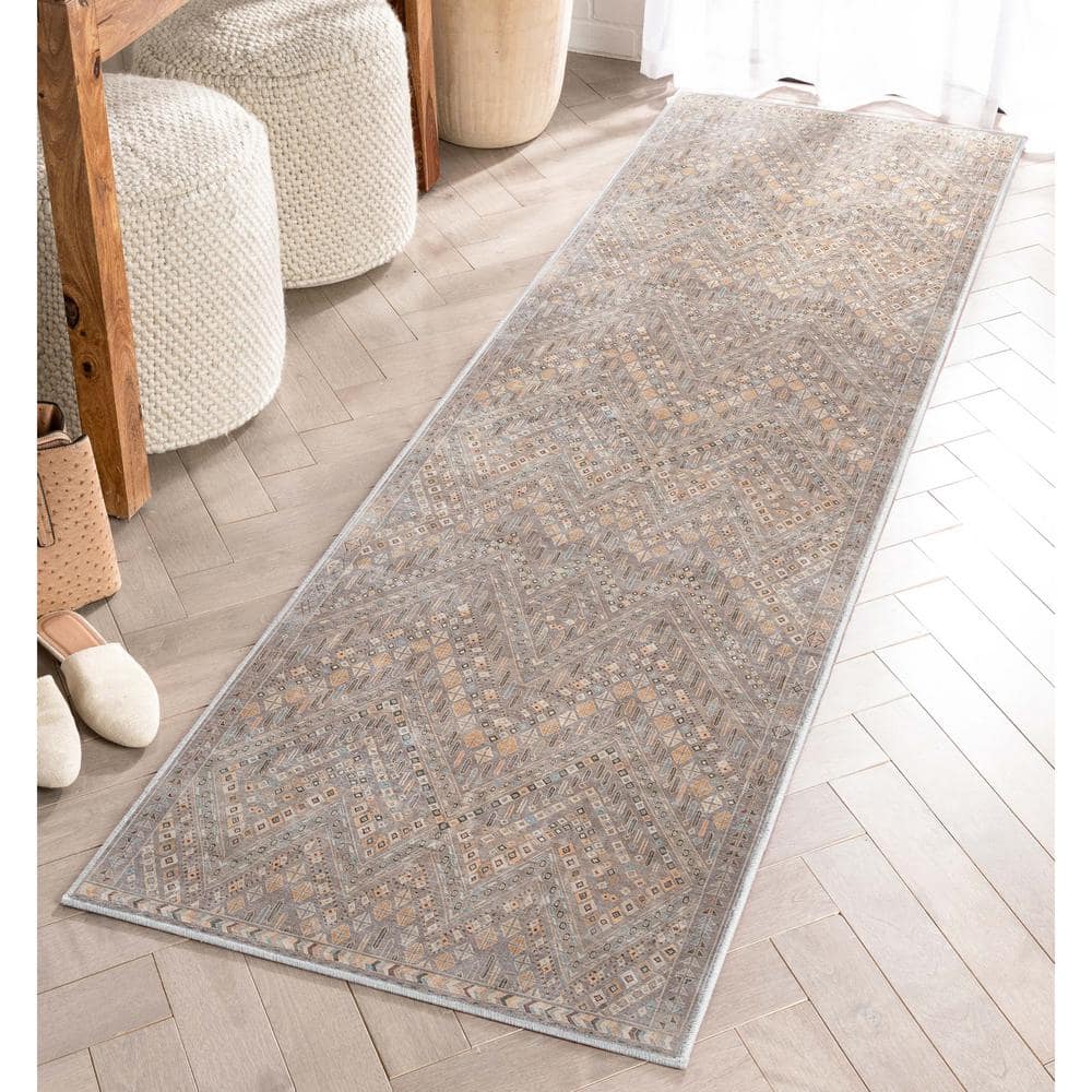Gray Geometric Machine Woven Runner Rug with Tribal Pattern