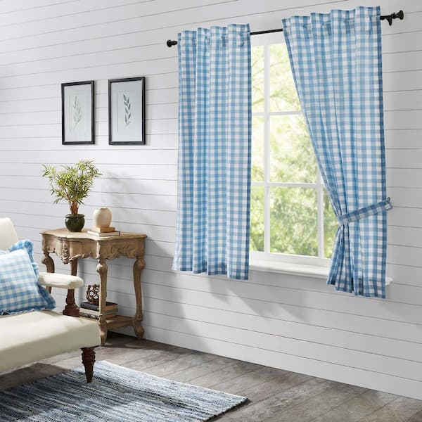 VHC BRANDS Annie Buffalo Check 36 in W x 63 in L Light Filtering Rod Pocket Window Panel in Blue White Pair