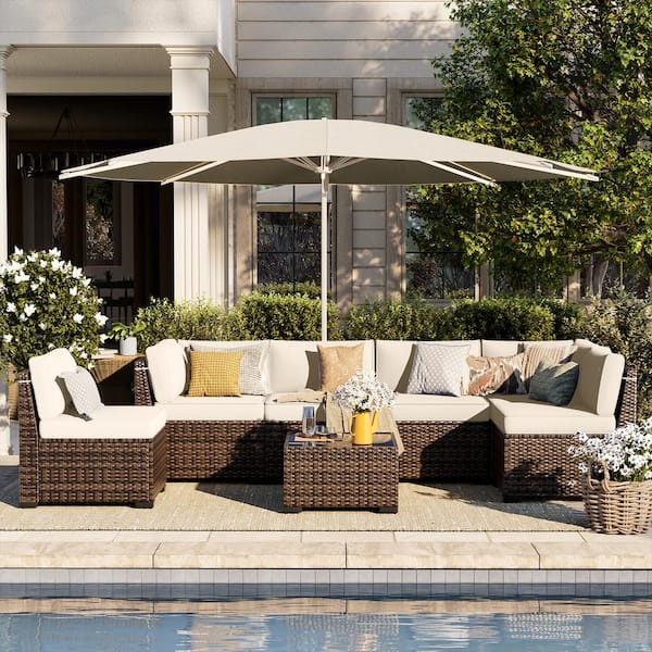 Poteban 7-Piece Brown Wicker Patio Conversation Set with Khaki Cushions