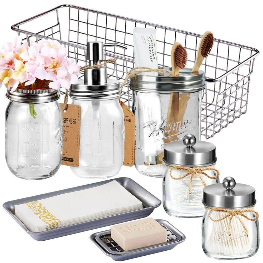 White Gold Glass Mason Jar With Metal Lid & Rack (Set Of 4Pcs Mug