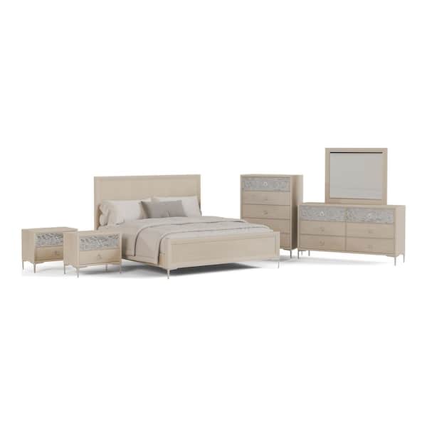 Jolt 6-Piece Natural Oak Wood King Bedroom Set with Dented Stainless Steel Accents