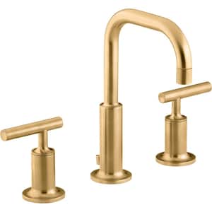 Purist 8 in. Widespread Double Handle Low-Arc Bathroom Faucet in Vibrant Brushed Moderne Brass with Low Gooseneck Spout