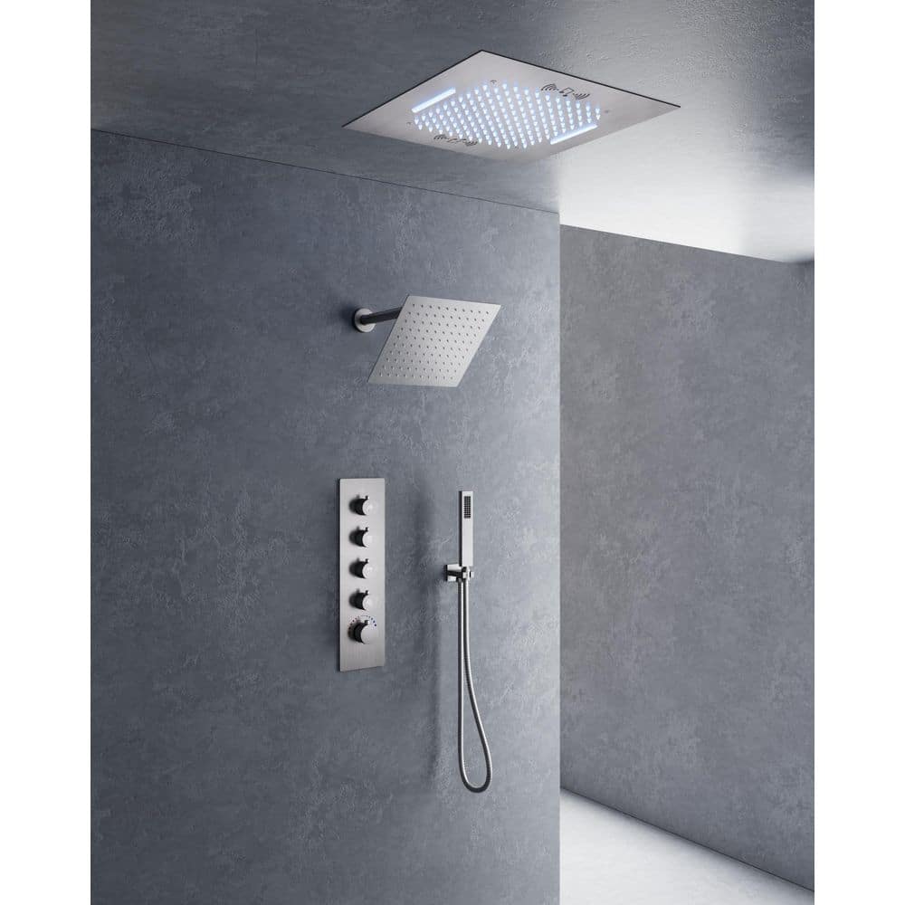 15-Spray 20 in. and 10 in. Ceiling Mount LED Mood Lighting Music Dual Shower Head and Handheld Shower in Brushed Nickel price history on PriceWatchPro