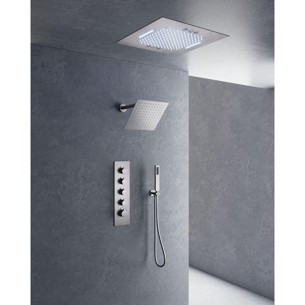 15-Spray 20 in. and 10 in. Ceiling Mount LED Mood Lighting Music Dual Shower Head and Handheld Shower in Brushed Nickel