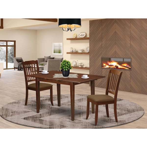 East West Furniture 3-Piece Mahogany Finish Rectangular Solid Wood Top With Butterfly Leaf Dining Table Set