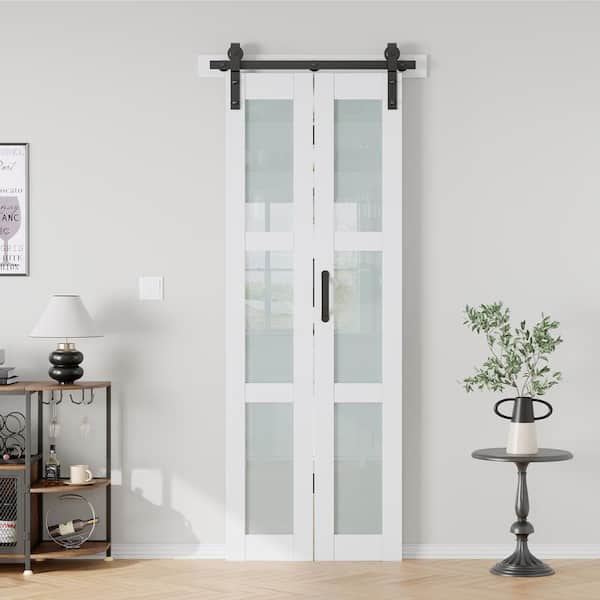 30 in. x 84 in. 3/4 Lite Frosted Glass Solid Core MDF White PVC Bi-Fold Door with Hardware
