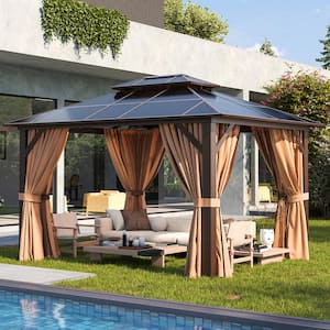 10 ft. x 12 ft. Hardtop Outdoor Double Roof Gazebo with Netting and Curtains for Backyard