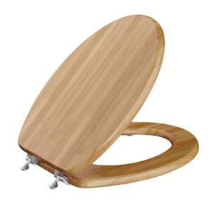 Premium Wood Elongated Closed Front Toilet Seat with Cover and Brushed Nickel Hinge in Piano Bamboo