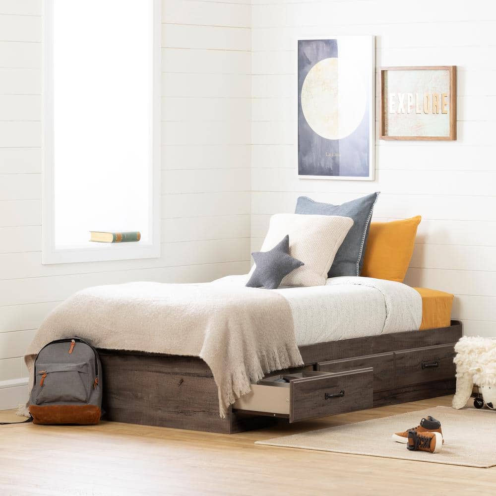 Twin Fall Oak Wood Frame Platform Bed with 3 Storage Drawers