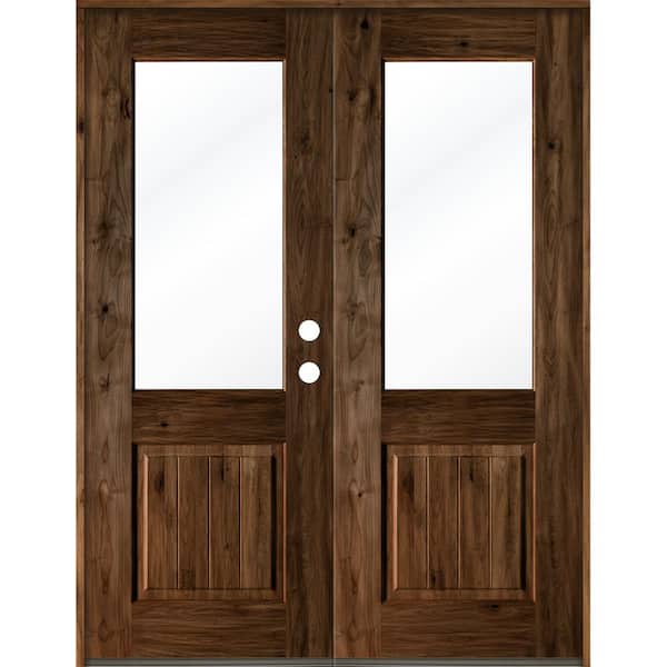 Krosswood Doors 64 in. x 96 in. Rustic Knotty Alder Wood Clear Half-Lite provincial stain/VGroove Left Active Double Prehung Front Door
