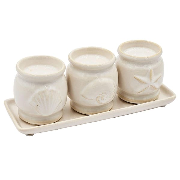 Avex 7. 5x2. 5x2. 5" White Ceramic Three-Cup Tealight Holder Decorative Tray