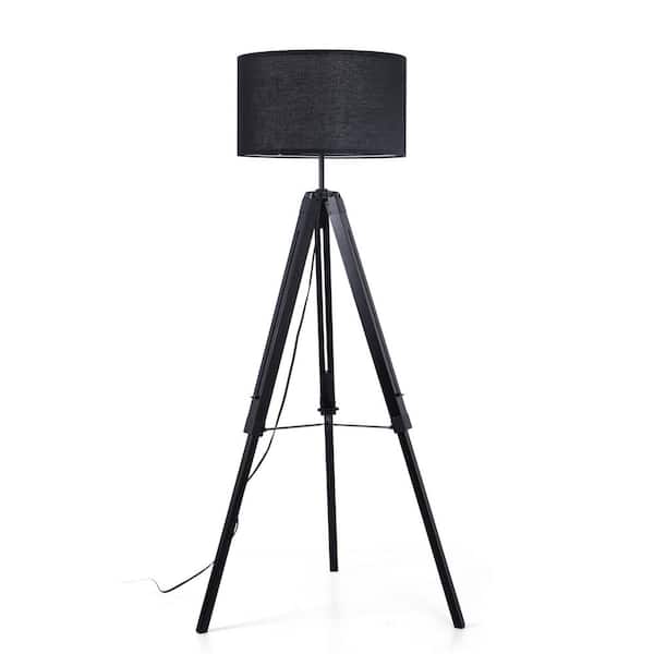58 in. Black Wood Tripod Standard Floor Lamp with Black Linen Drum Shade