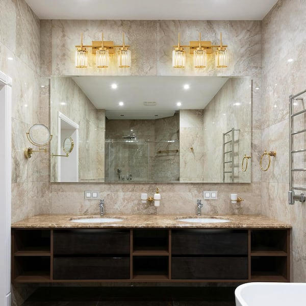 Orillia 19.69 in. 3-Light Modern Industrial Gold Bathroom Vanity Light with Crystal Cylinder Shades