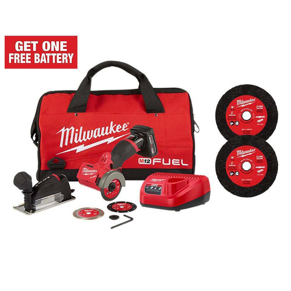 Milwaukee M12 FUEL 12V 3 in. Lithium-Ion Brushless Cordless Cut Off Saw Kit  with 3 in. Metal Cut Off Wheels (6-Pack) 2522-21XC-49-94-3000-49-94-3000 -  The Home Depot