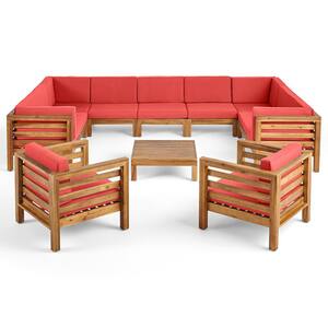 Oana Teak Brown 10-Piece Wood Outdoor Patio Conversation Sectional Seating Set with Red Cushions