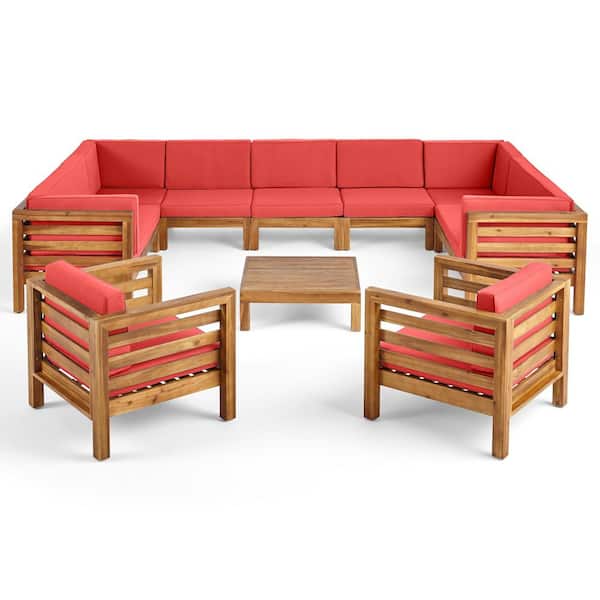 Noble House Oana Teak Brown 10-Piece Wood Outdoor Patio Conversation Sectional Seating Set with Red Cushions