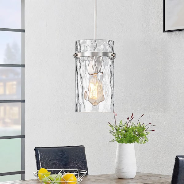 1-Light Nickel Modern Pendant Light with Cylinder Hammered Glass Shade