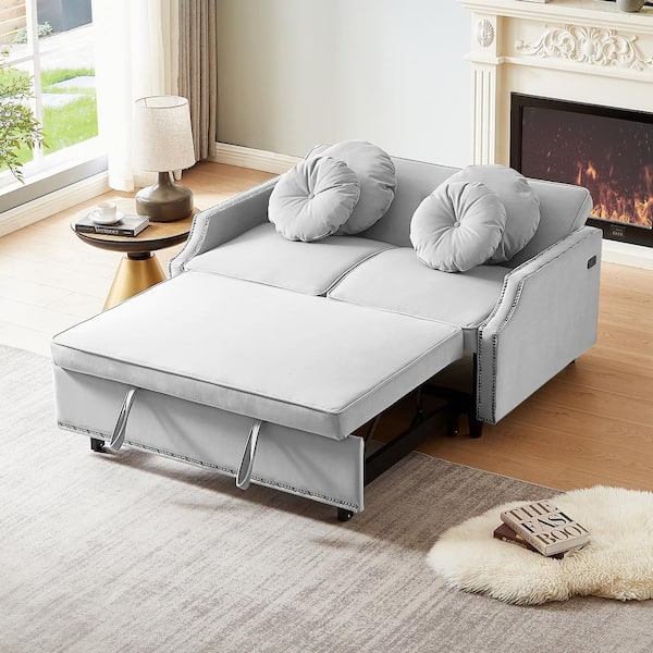 J&E Home 54.7 in. Gray Velvet Twin Size Reversible Sleeper Sofa Bed